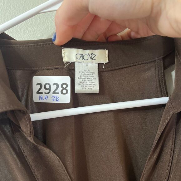 Vtg Y2K Cache Womens Top Brown Medium Collared Drawcord Ruched Sleeveless - Picture 2 of 7